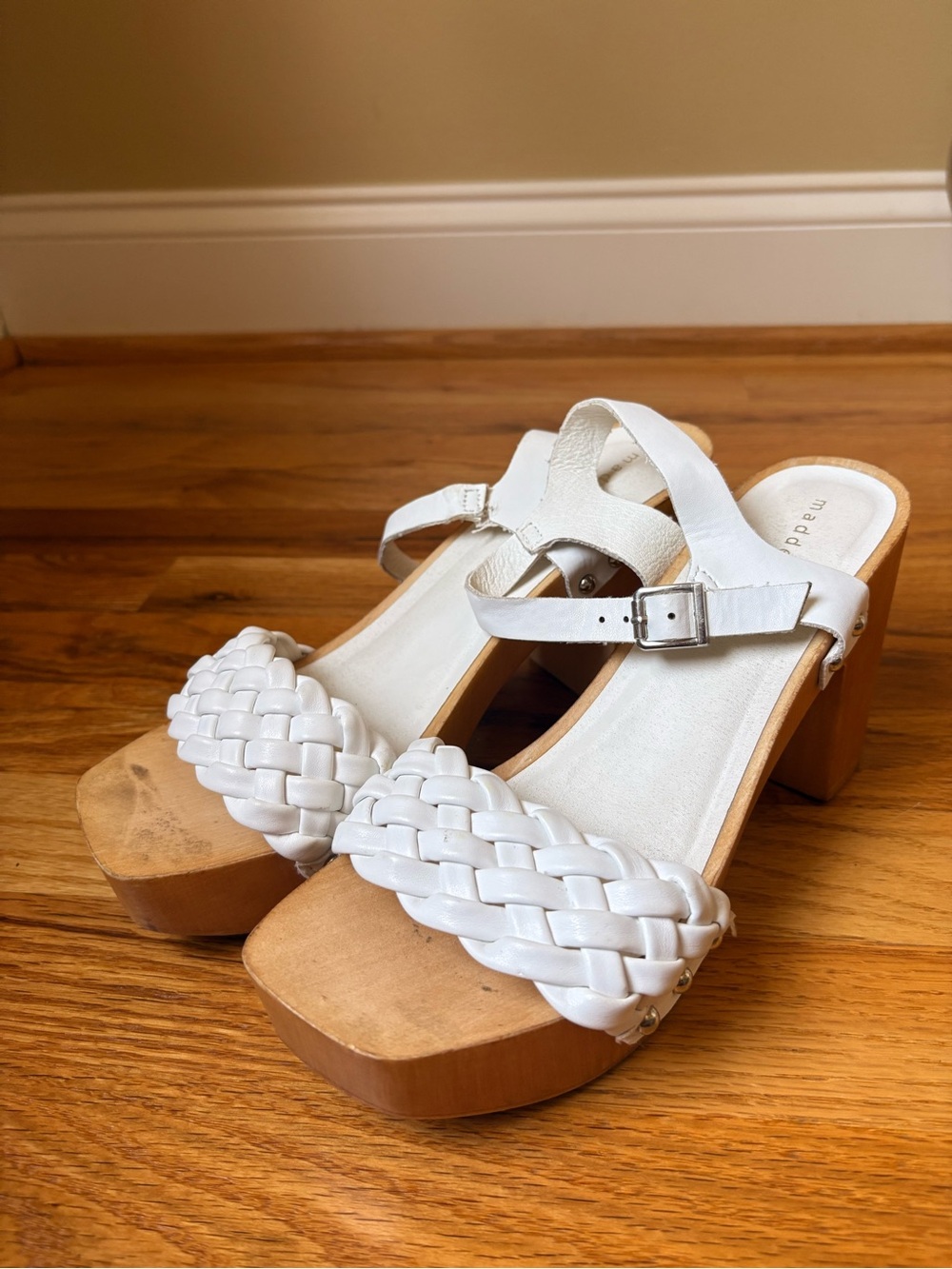 Madden Girl White Braided Platform Sandals with Wood Block Heel